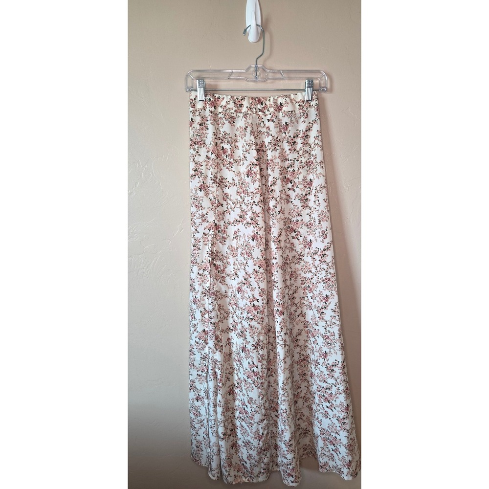Floral Maxi Skirt Pink Cream High Waist Side Slit Size Large